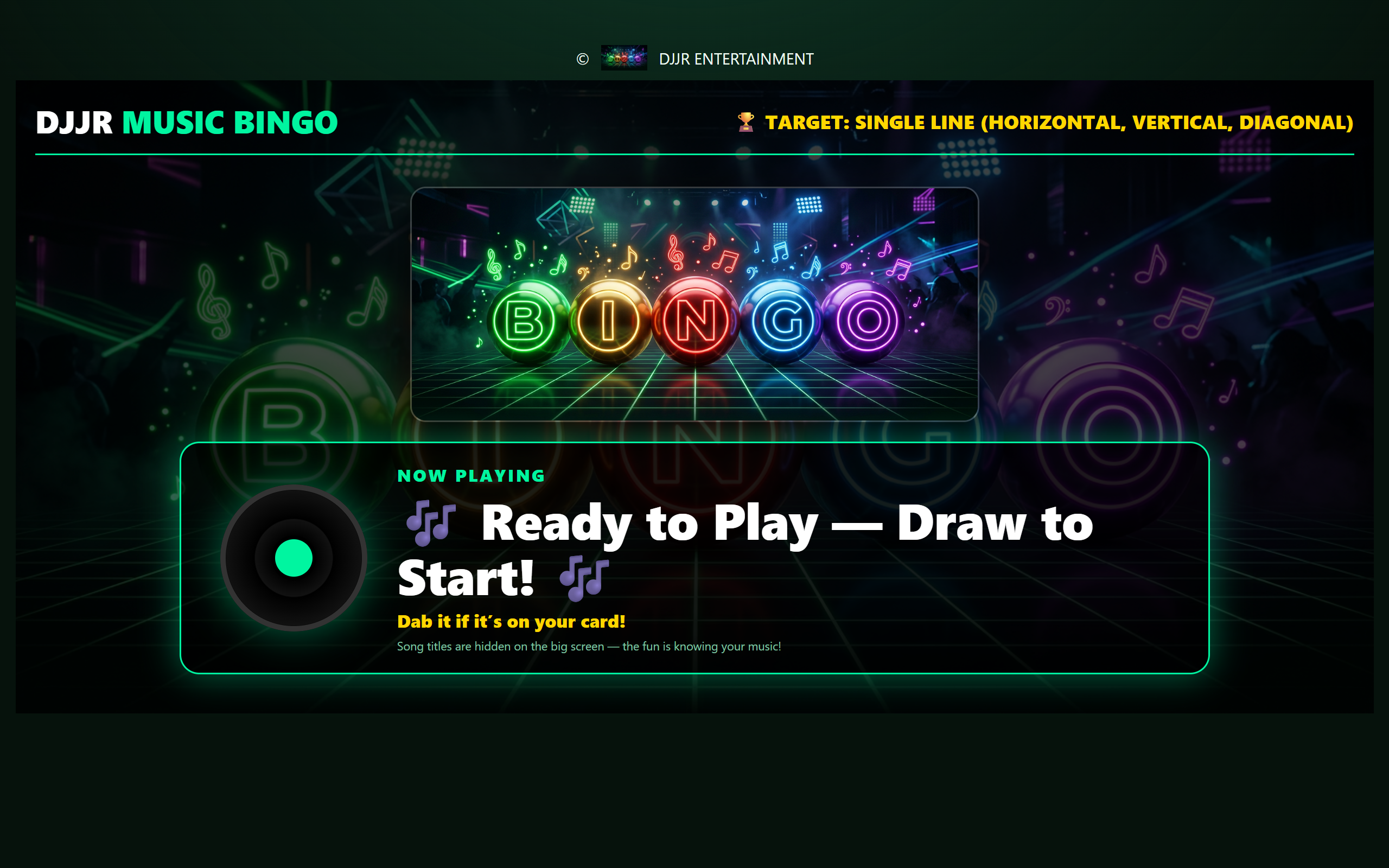 DJJR Music Bingo audience TV screen — NOW PLAYING panel and round target